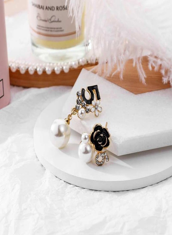 Glamtune Faux Imitation Pearl White Black Floral Dangle Drop Earrings Studs for Women - Image 4